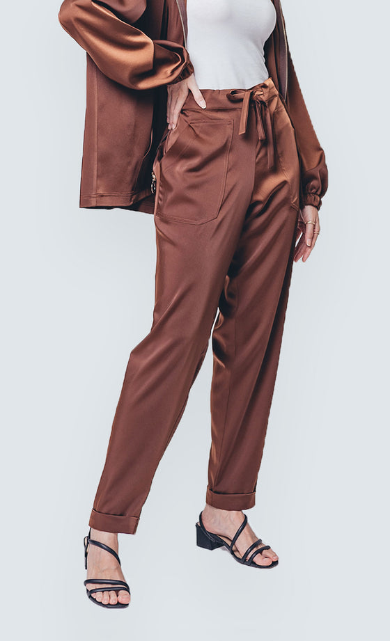 Daphne Satin Pants in Dark Brown
