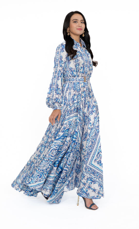 Alisha Printed Shirtdress in Blue Porcelain