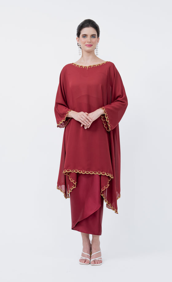 Renowned Embroidery Kurung in Merlot Red