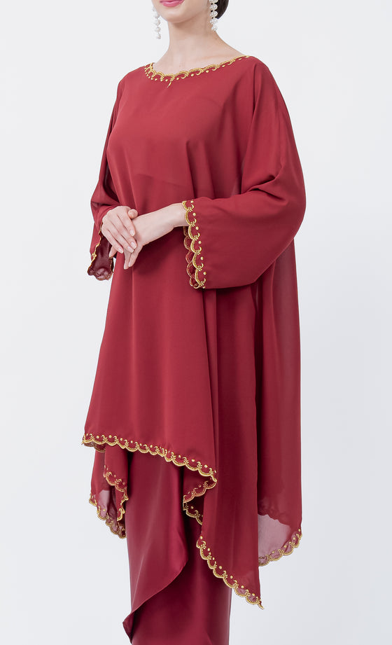 Renowned Embroidery Kurung in Merlot Red