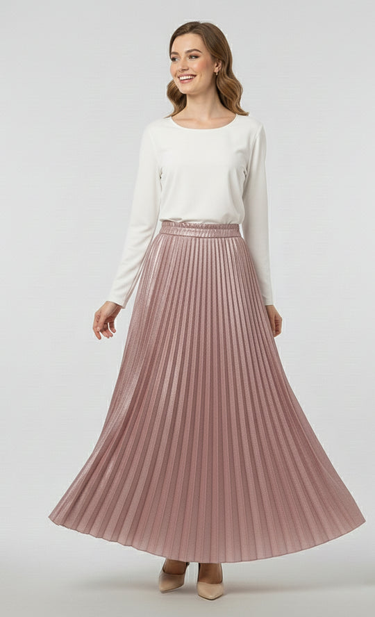 Olivia Metallic Pleated Skirt in Frosted Pink