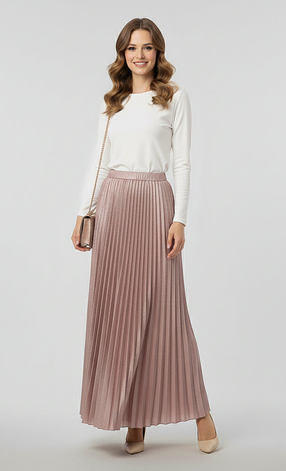Olivia Metallic Pleated Skirt in Frosted Pink