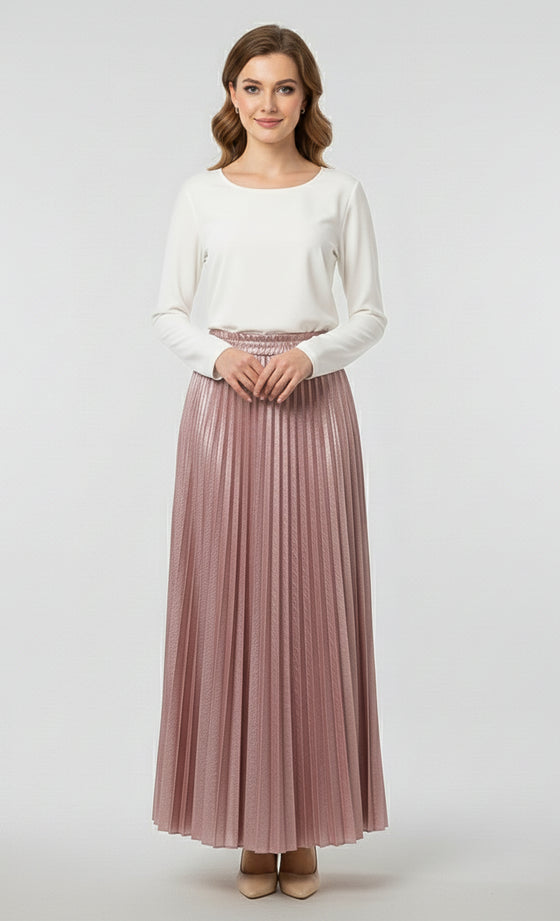 Olivia Metallic Pleated Skirt in Frosted Pink