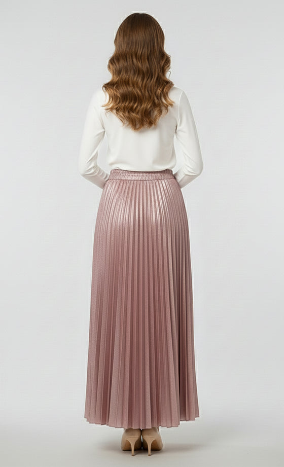 Olivia Metallic Pleated Skirt in Frosted Pink