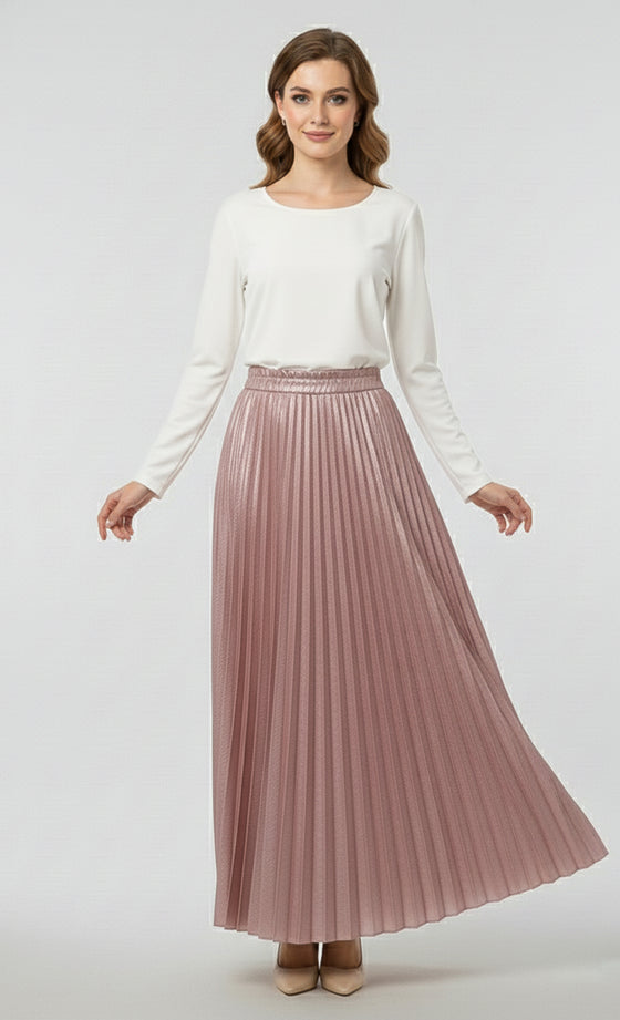 Olivia Metallic Pleated Skirt in Frosted Pink