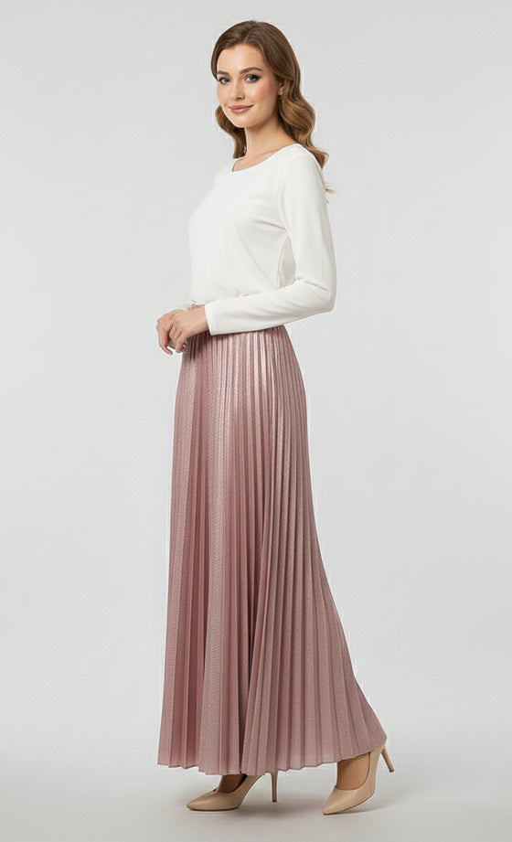 Olivia Metallic Pleated Skirt in Frosted Pink