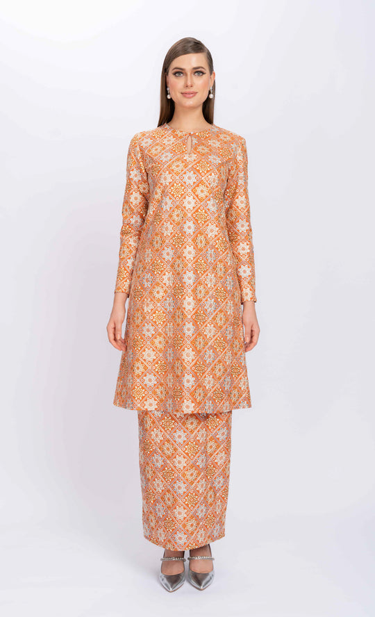 Allure Embroidery Kurung in Tangerine