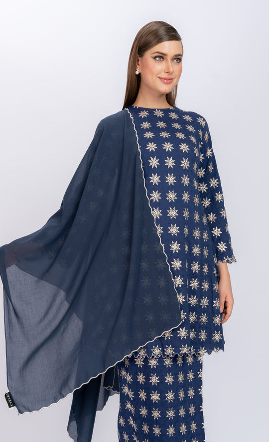 Larney Embroidery Shawl in Midnight Blue