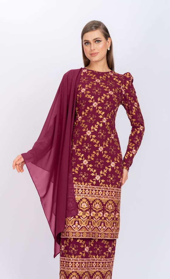 Mercy Embroidery Kurung in Maroon