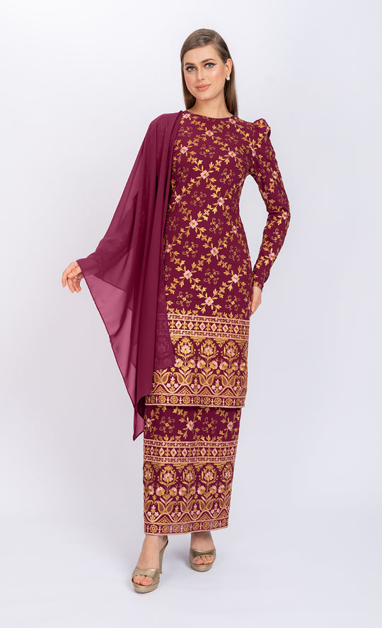 Mercy Embroidery Kurung in Maroon