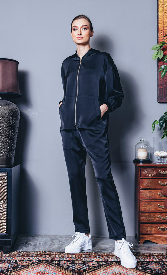 Daphne Hooded Satin Sweater in Black
