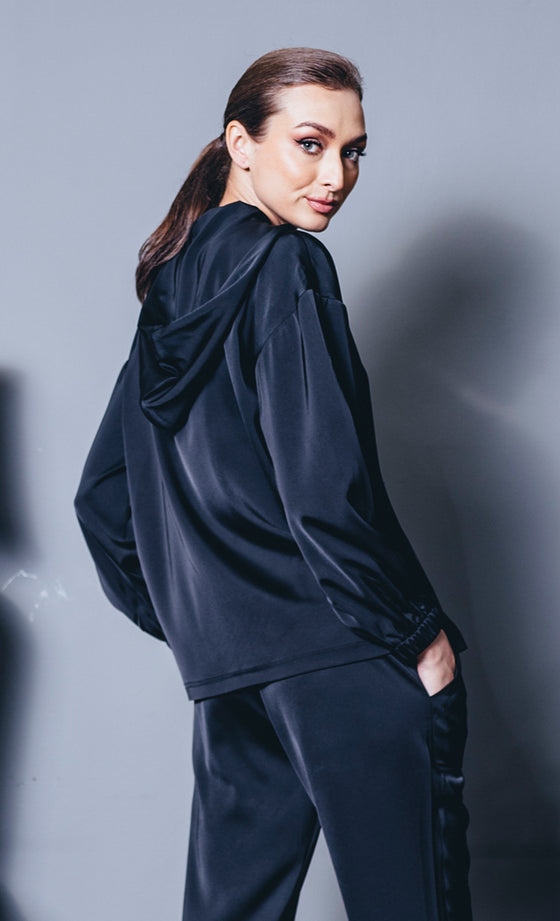 Daphne Hooded Satin Sweater in Black