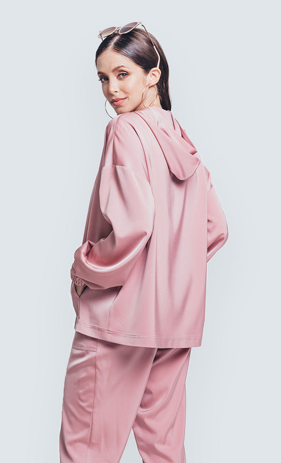 Daphne Hooded Satin Sweater in Blush Pink