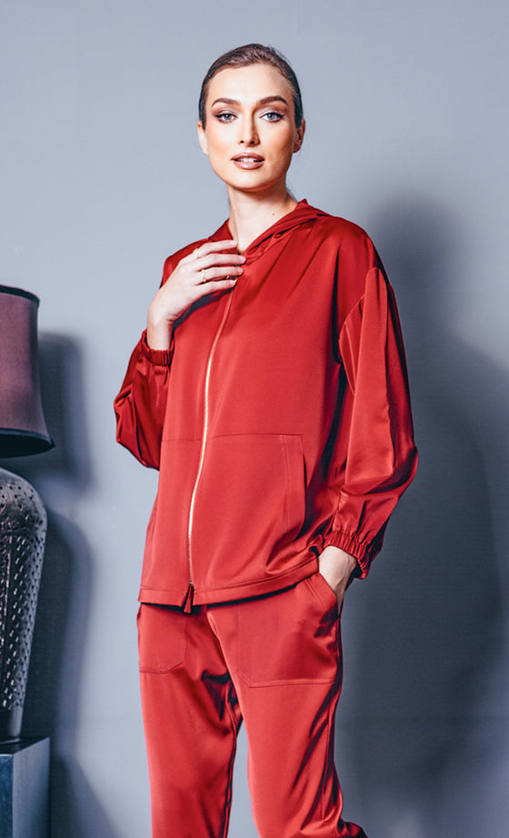 Daphne Hooded Satin Sweater in Brick