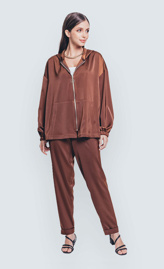 Daphne Hooded Satin Sweater in Dark Brown