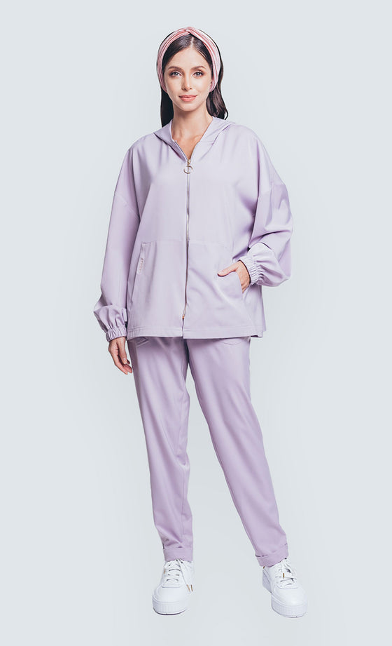 Daphne Hooded Satin Sweater in Lilac