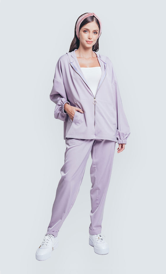 Daphne Hooded Satin Sweater in Lilac