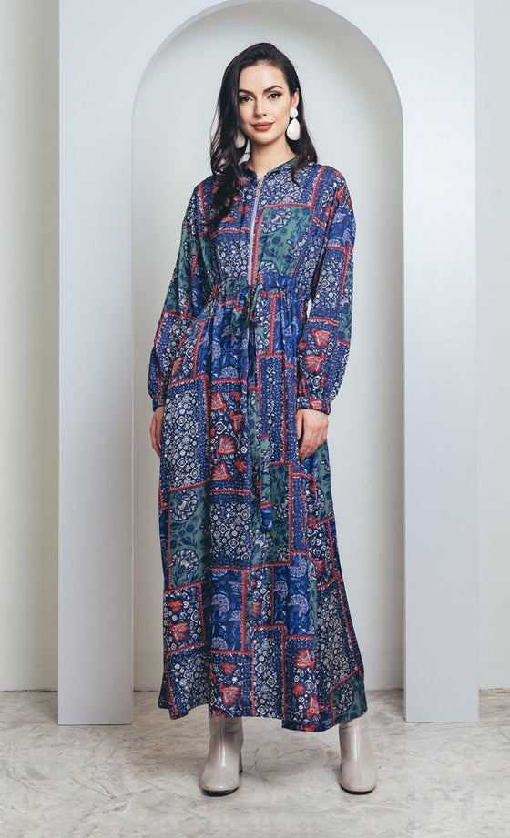 Daphne Printed Hooded Satin Dress in Blue