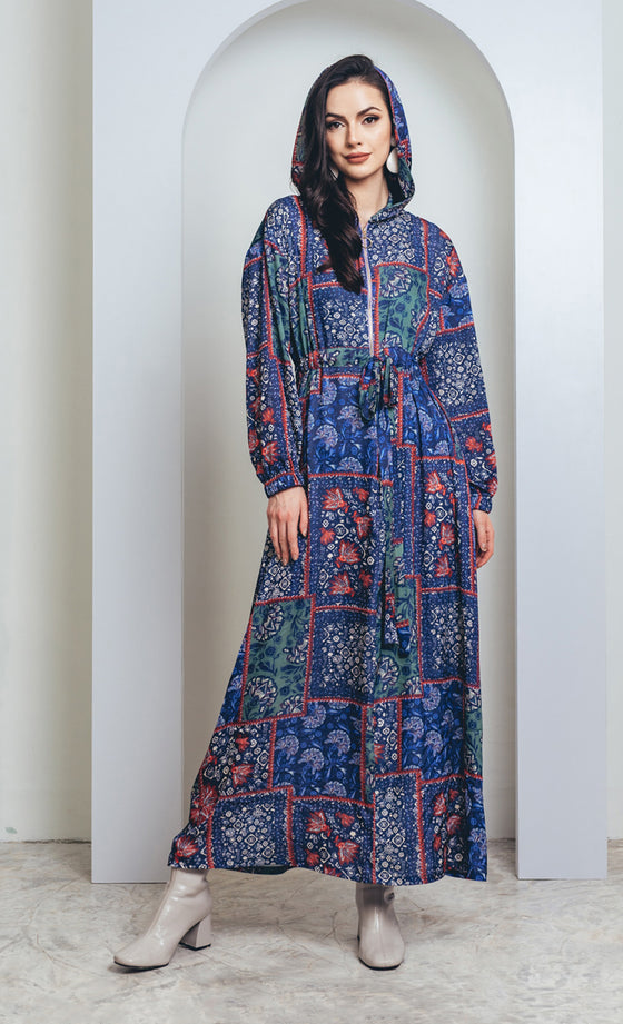 Daphne Printed Hooded Satin Dress in Blue
