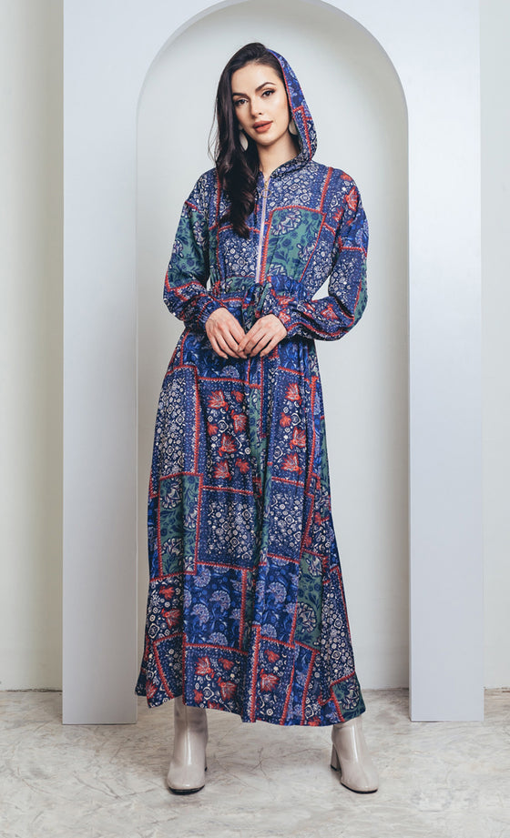Daphne Printed Hooded Satin Dress in Blue