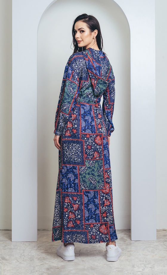 Daphne Printed Hooded Satin Dress in Blue