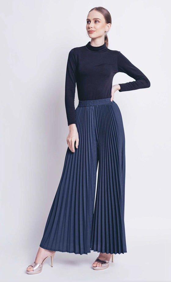 Julia Flared Pleated Palazzo in Navy Blue