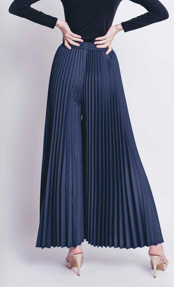 Julia Flared Pleated Palazzo in Navy Blue
