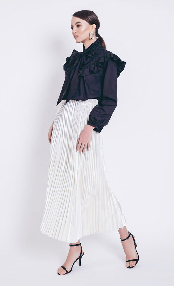 Laura Stripe Pleated Skirt in Ivory and White