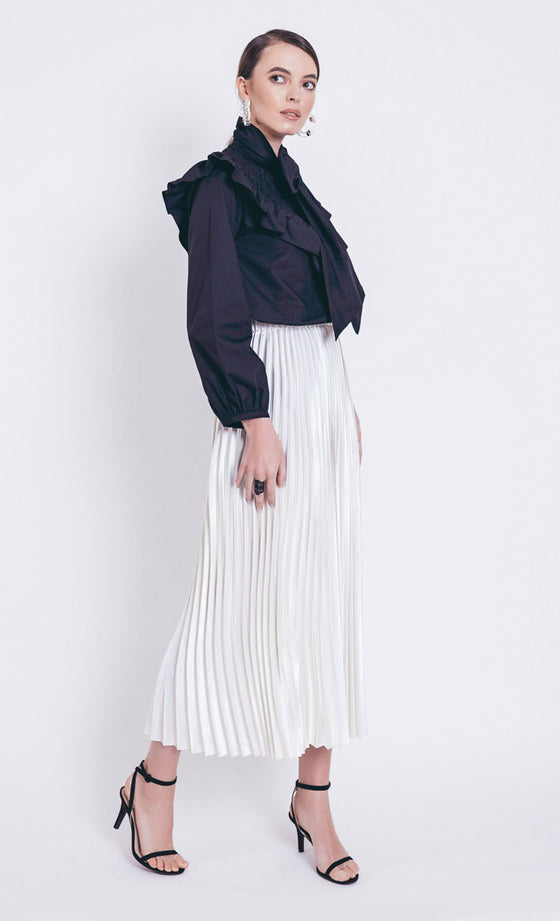 Laura Stripe Pleated Skirt in Ivory and White